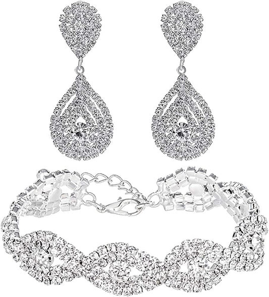 Miraculous Garden Silver/Gold Plating Wedding Bridal Crystal Tiara Crown Teardrop Statement Necklace Link Bracelet Dangle Earrings Rhinestone Handbag Jewelry Set for Women Girls Silver Plated White Bracelet Earrings