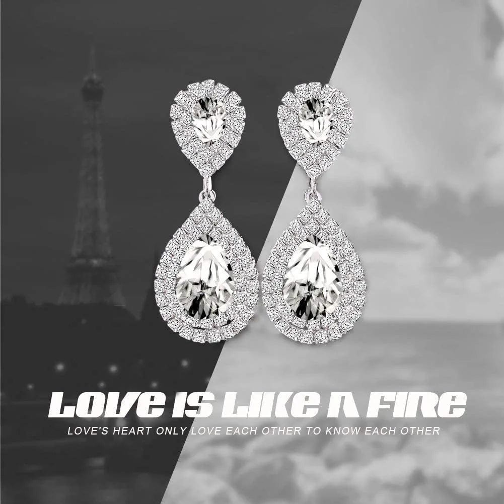 Miraculous Garden Womens Rhinestone Crystal Wedding Link Bracelet Teardrop Drop Earrings Jewelry Set Silver Plating White Link Bracelet Earrings