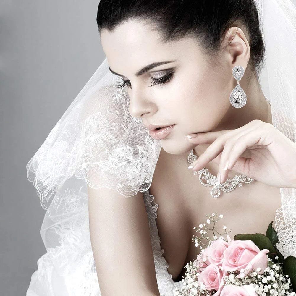 Miraculous Garden Womens Rhinestone Crystal Wedding Link Bracelet Teardrop Drop Earrings Jewelry Set Silver Plating White Link Bracelet Earrings