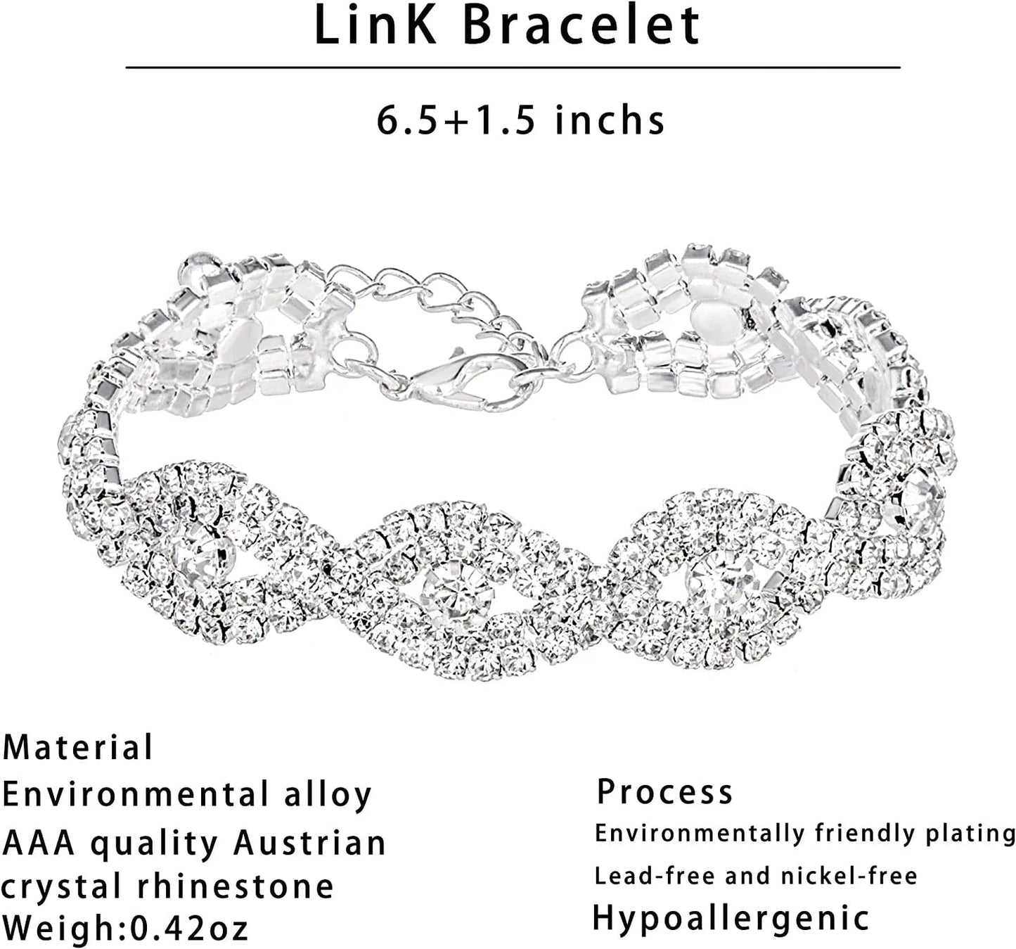 Miraculous Garden Womens Rhinestone Crystal Wedding Link Bracelet Teardrop Drop Earrings Jewelry Set Silver Plating White Link Bracelet Earrings