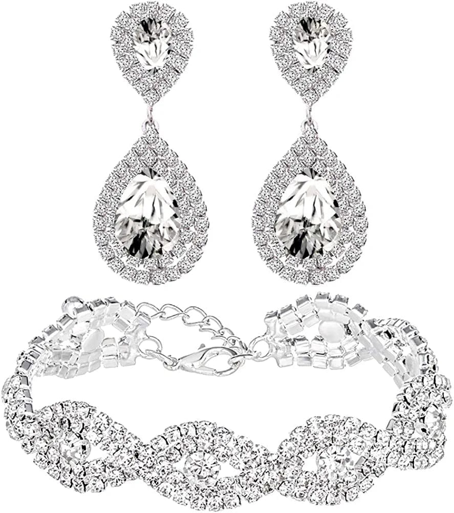Miraculous Garden Womens Rhinestone Crystal Wedding Link Bracelet Teardrop Drop Earrings Jewelry Set Silver Plating White Link Bracelet Earrings