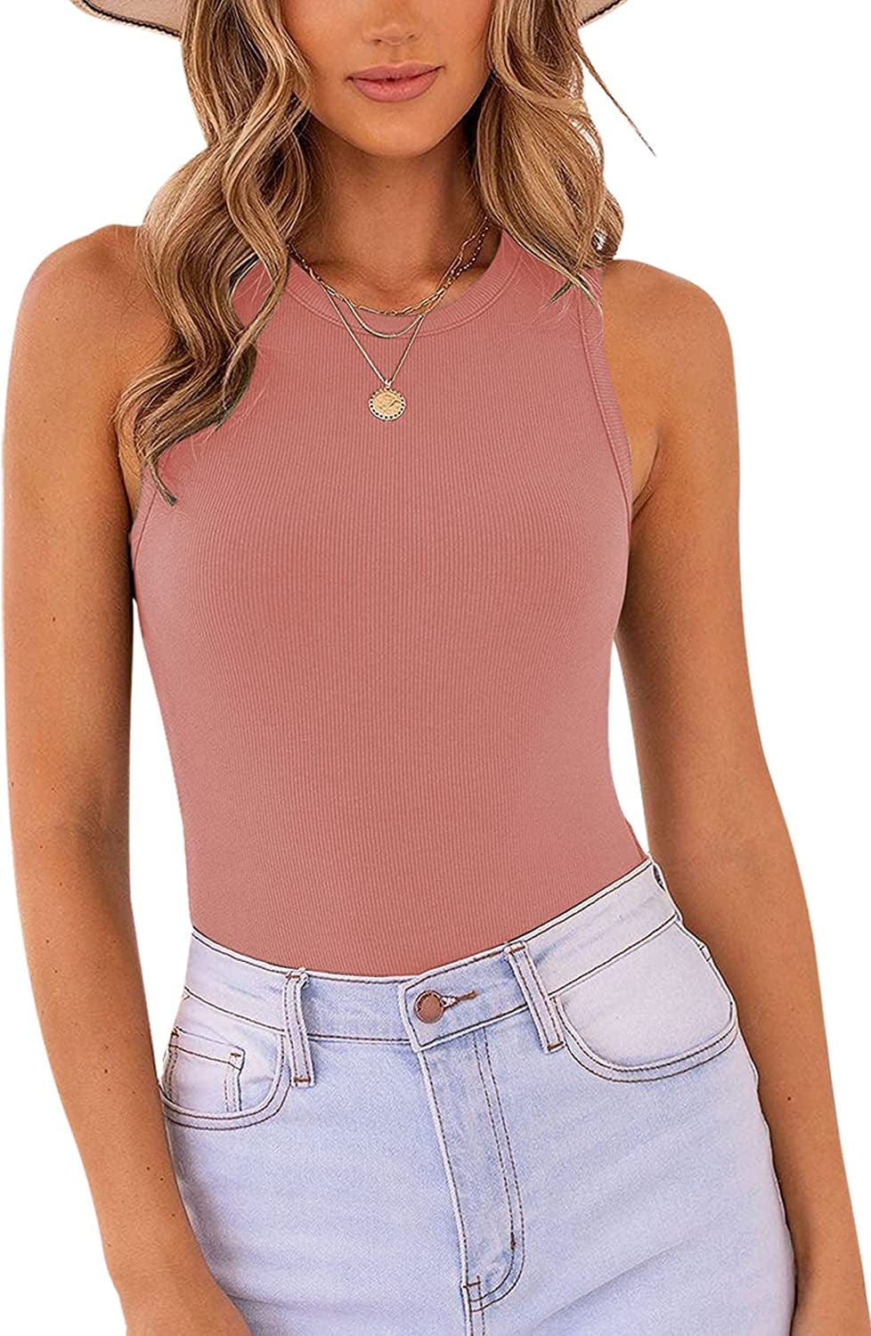MISSJOY Women'S Basic Sleeveless Racer Back Halter Neck Ribbed Bodysuit Tank Tops Coral-pink / X-Large