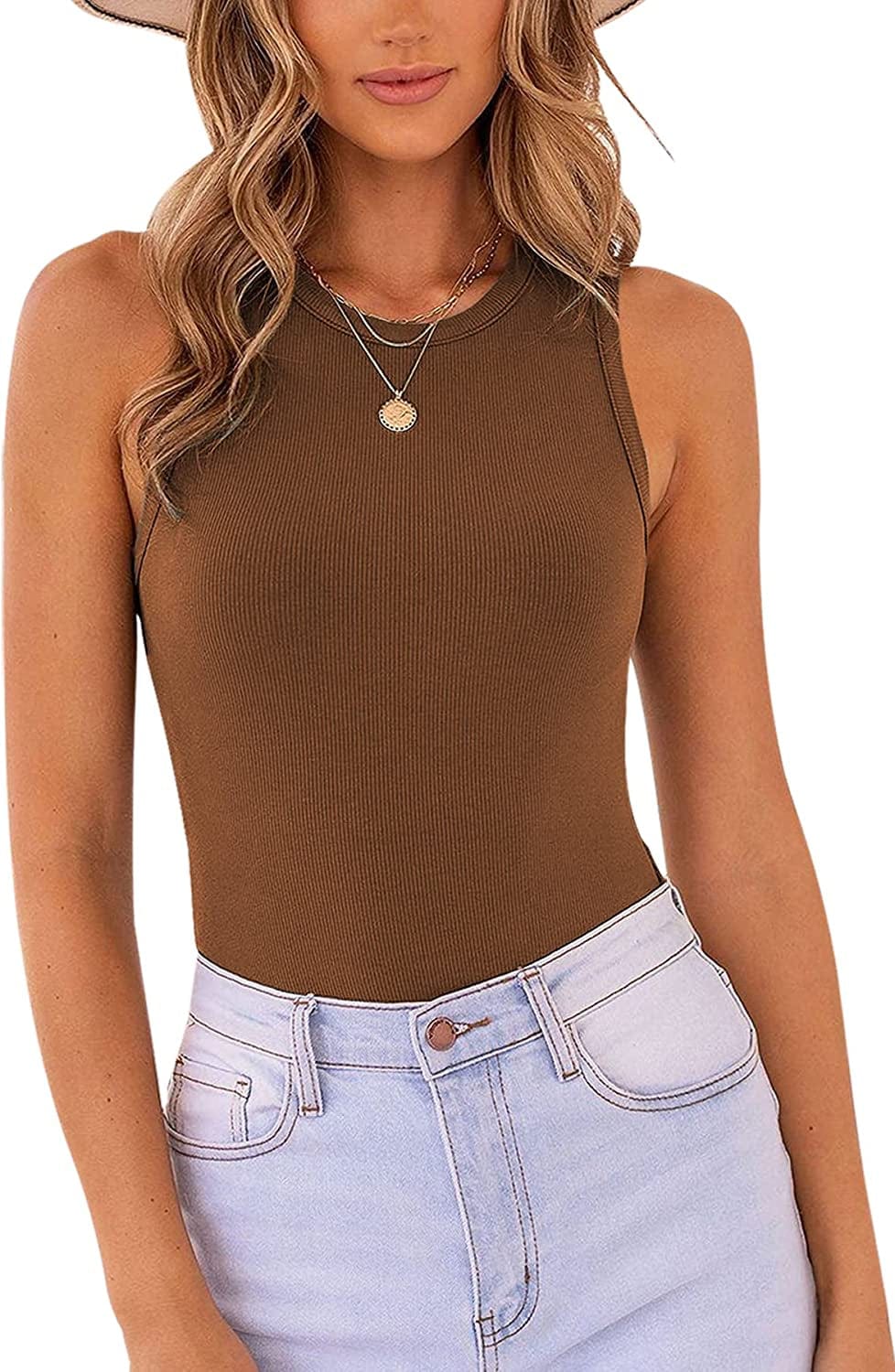 MISSJOY Women'S Basic Sleeveless Racer Back Halter Neck Ribbed Bodysuit Tank Tops Brown / X-Large