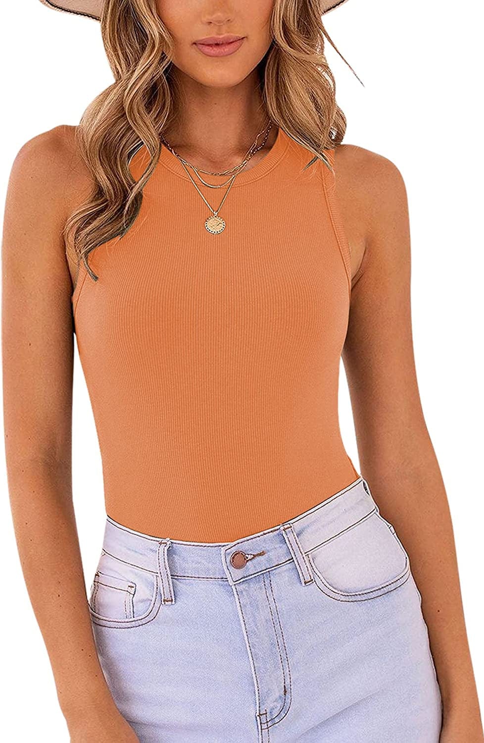 MISSJOY Women'S Basic Sleeveless Racer Back Halter Neck Ribbed Bodysuit Tank Tops Orange / X-Large