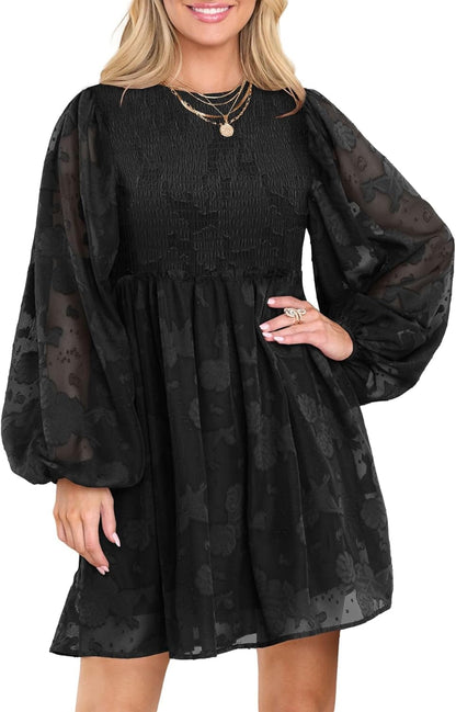 MITILLY Women'S Elegant Floral Long Sleeve Crew Neck Smocked Elastic Waist Ruffle Loose Flowy Mini Dress Black / X-Large