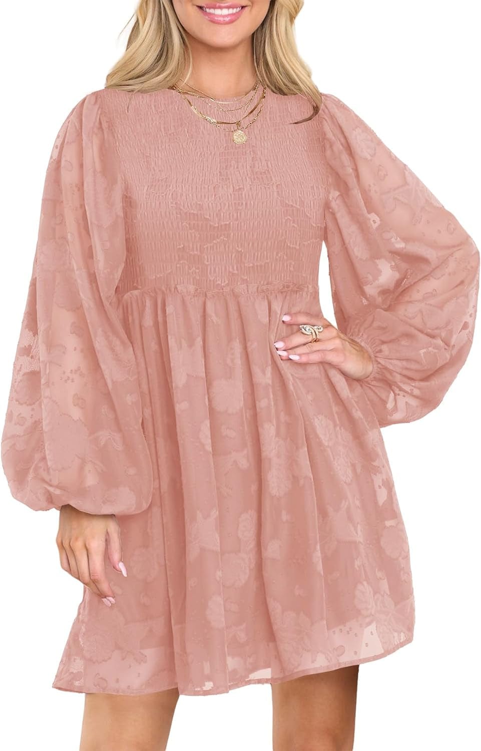 MITILLY Women'S Elegant Floral Long Sleeve Crew Neck Smocked Elastic Waist Ruffle Loose Flowy Mini Dress Pink / Large