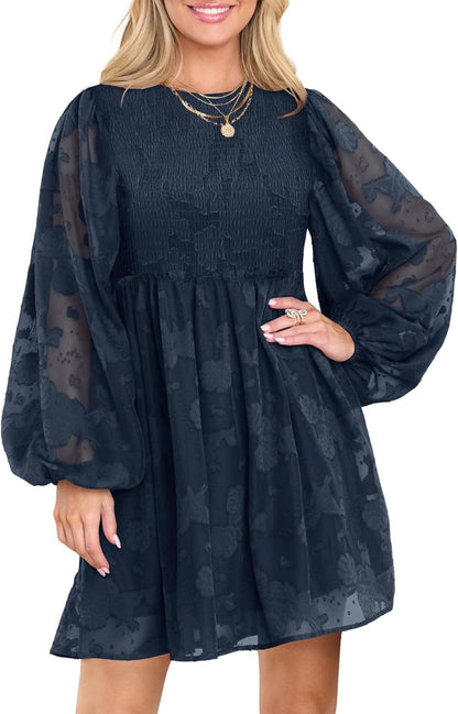 MITILLY Women'S Elegant Floral Long Sleeve Crew Neck Smocked Elastic Waist Ruffle Loose Flowy Mini Dress Navy Blue / Medium