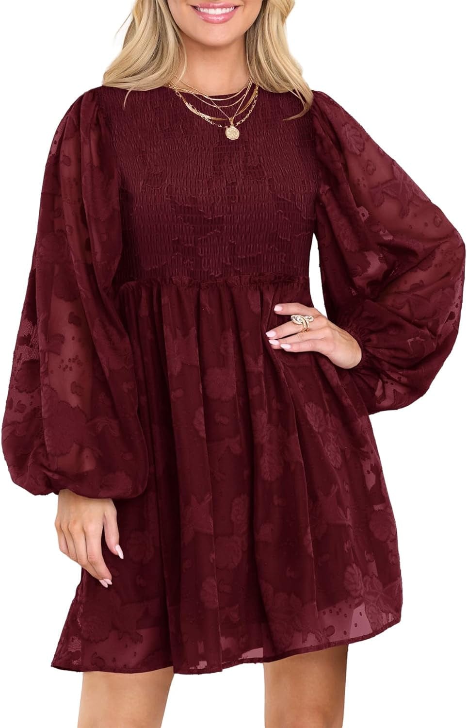 MITILLY Women'S Elegant Floral Long Sleeve Crew Neck Smocked Elastic Waist Ruffle Loose Flowy Mini Dress Wine Red / Small