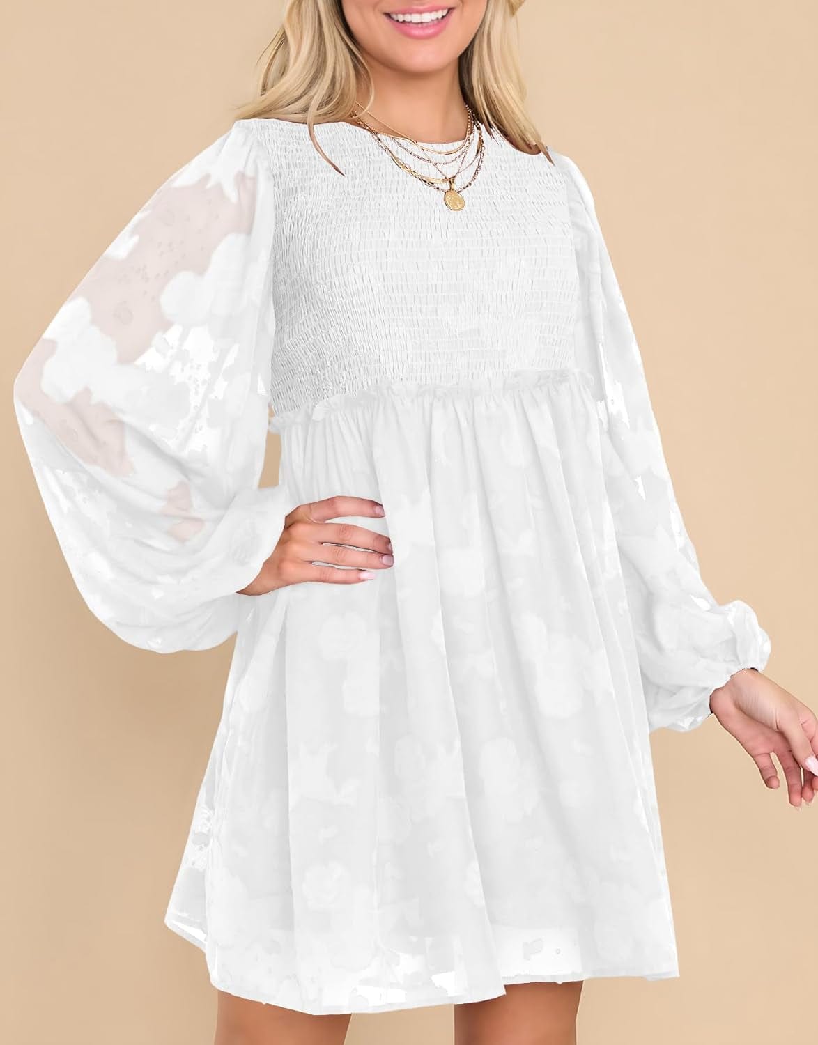MITILLY Women'S Elegant Floral Long Sleeve Crew Neck Smocked Elastic Waist Ruffle Loose Flowy Mini Dress