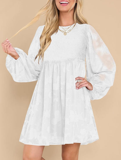 MITILLY Women'S Elegant Floral Long Sleeve Crew Neck Smocked Elastic Waist Ruffle Loose Flowy Mini Dress