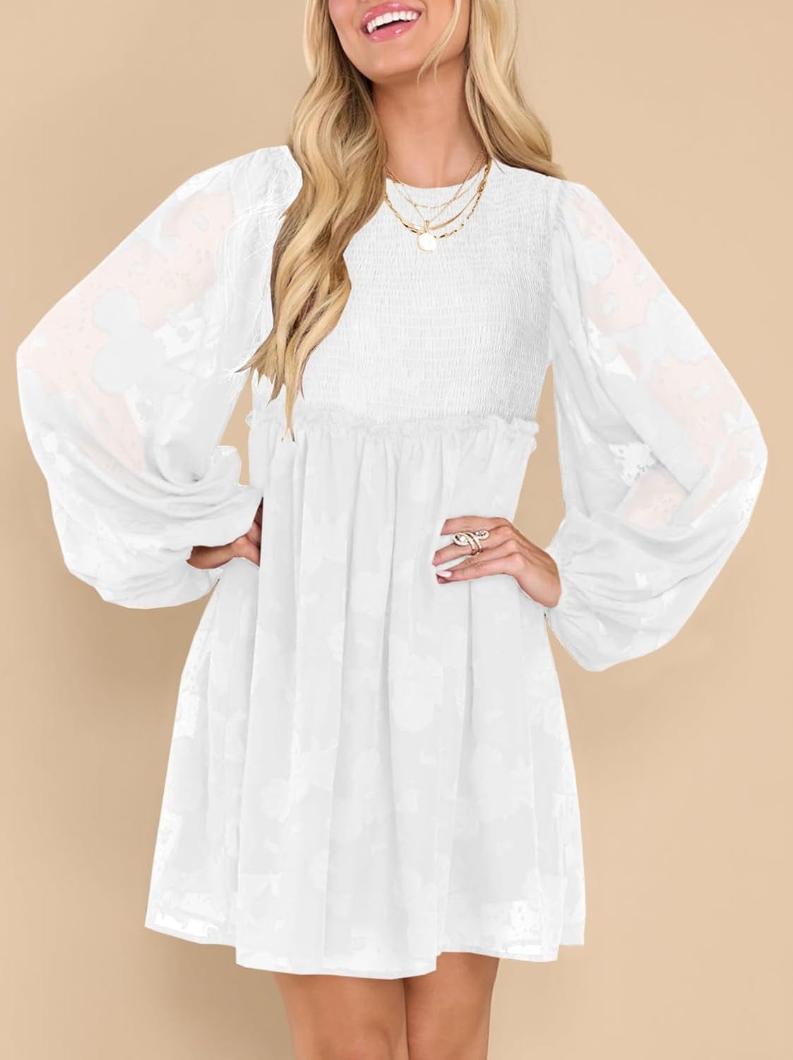 MITILLY Women'S Elegant Floral Long Sleeve Crew Neck Smocked Elastic Waist Ruffle Loose Flowy Mini Dress