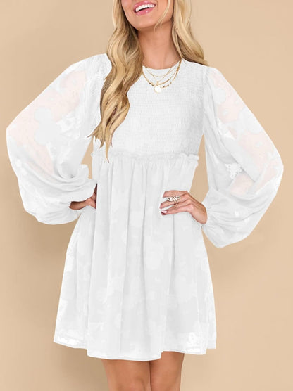 MITILLY Women'S Elegant Floral Long Sleeve Crew Neck Smocked Elastic Waist Ruffle Loose Flowy Mini Dress