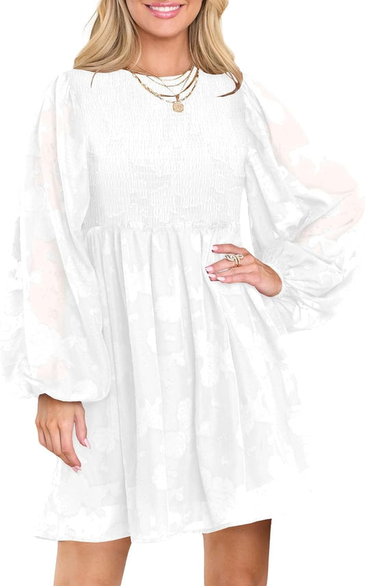 MITILLY Women'S Elegant Floral Long Sleeve Crew Neck Smocked Elastic Waist Ruffle Loose Flowy Mini Dress
