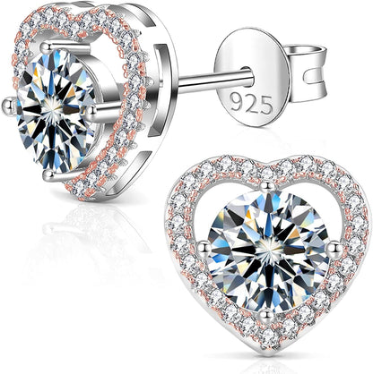 Moissanite Earrings for Women, Diamond Earring 925 Sterling Silver Studs White Gold Plated DF Color 2CT Jewelry Christmas Gift for Lady Wife Mother Girlfriend 2CT-Rose Gold-Heart
