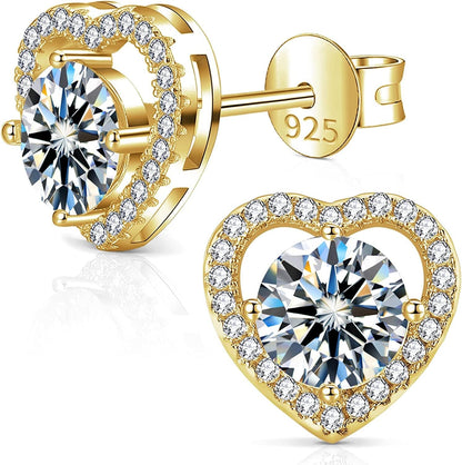 Moissanite Earrings for Women, Diamond Earring 925 Sterling Silver Studs White Gold Plated DF Color 2CT Jewelry Christmas Gift for Lady Wife Mother Girlfriend 2CT-Gold-Heart