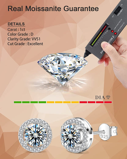 Moissanite Earrings for Women, Diamond Earring 925 Sterling Silver Studs White Gold Plated DF Color 2CT Jewelry Christmas Gift for Lady Wife Mother Girlfriend