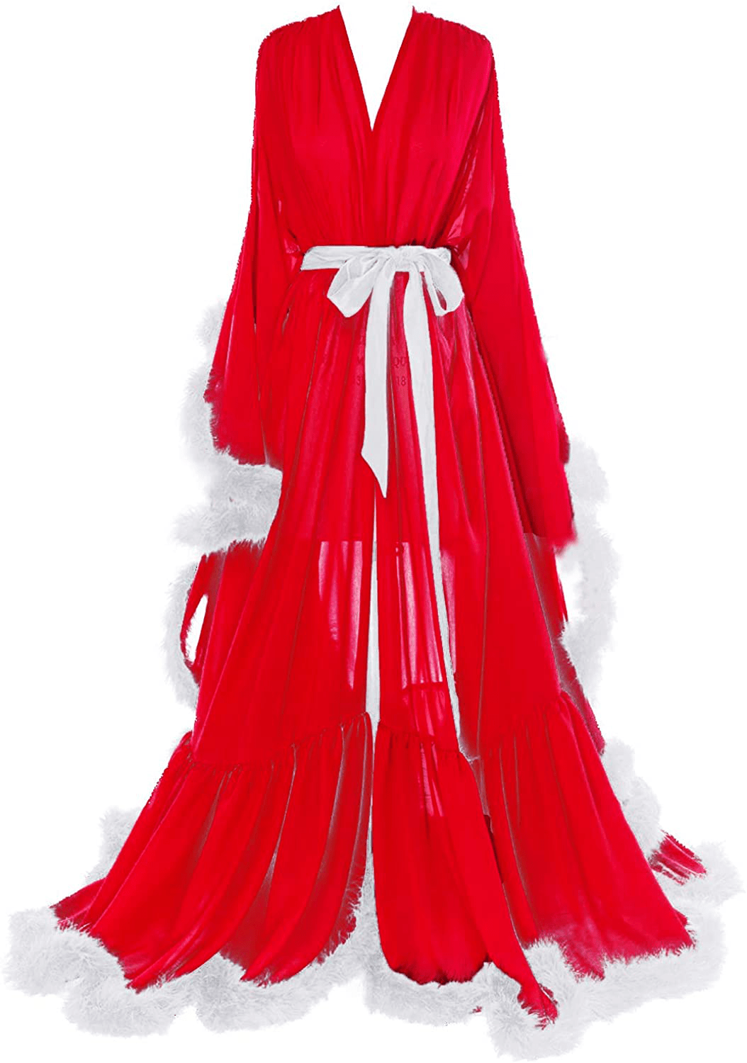 Molisa Women'S Sexy Feather Bridal Robe Long Wedding Scarf Illusion Bathrobe Sleepwear Lingerie Robe Nightgown Apparel & Accessories > Clothing > Sleepwear & Loungewear > Robes Molisa Red+white Large-X-Large 
