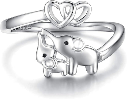 Mom Daughter Elephant Ring 925 Sterling Silver Adjustable Love Heart Finger Rings Pendant for Women Wife Mom Nana Daughter Jewelry Gift Silver heart / Size 3-5