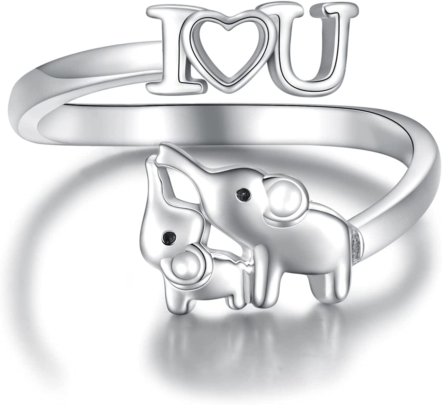 Mom Daughter Elephant Ring 925 Sterling Silver Adjustable Love Heart Finger Rings Pendant for Women Wife Mom Nana Daughter Jewelry Gift I ❤ U / Size 3-5