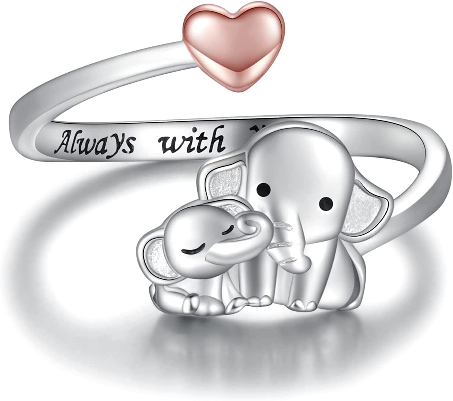 Mom Daughter Elephant Ring 925 Sterling Silver Adjustable Love Heart Finger Rings Pendant for Women Wife Mom Nana Daughter Jewelry Gift Rose gold heart 2 / Size 3-5