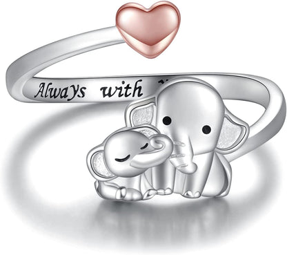 Mom Daughter Elephant Ring 925 Sterling Silver Adjustable Love Heart Finger Rings Pendant for Women Wife Mom Nana Daughter Jewelry Gift Rose gold heart 2 / Size 3-5