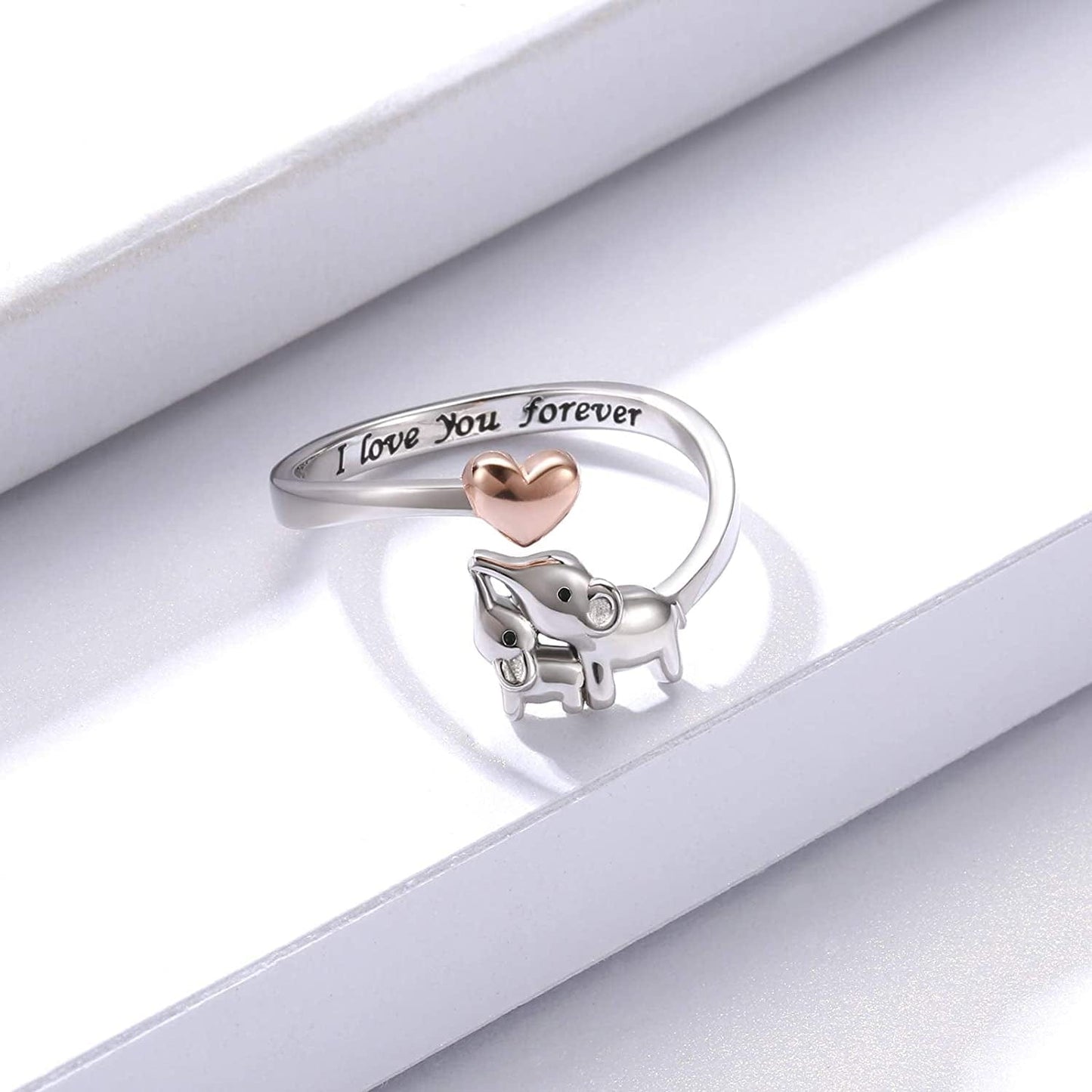 Mom Daughter Elephant Ring 925 Sterling Silver Adjustable Love Heart Finger Rings Pendant for Women Wife Mom Nana Daughter Jewelry Gift