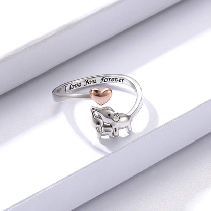 Mom Daughter Elephant Ring 925 Sterling Silver Adjustable Love Heart Finger Rings Pendant for Women Wife Mom Nana Daughter Jewelry Gift