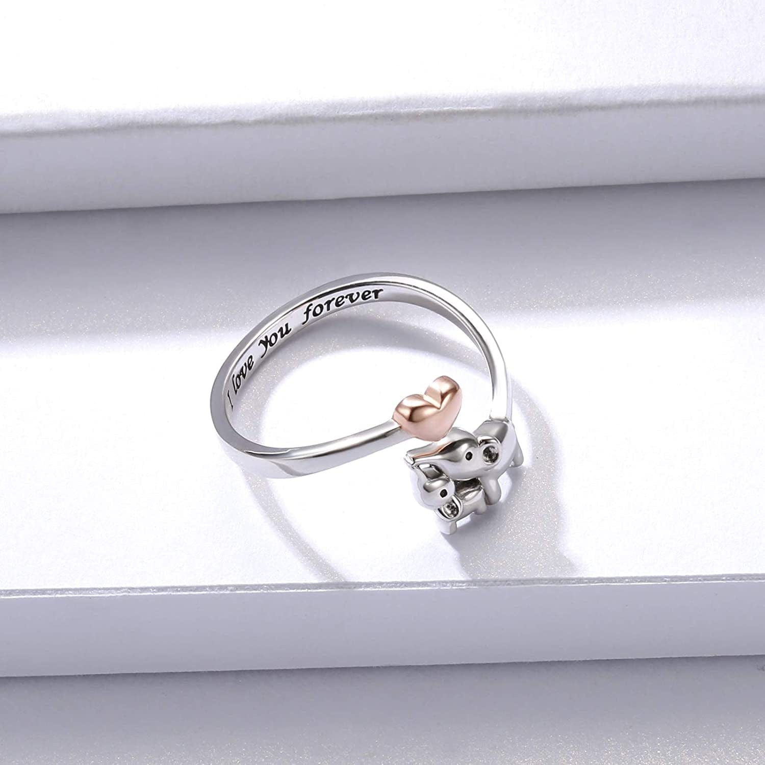 Mom Daughter Elephant Ring 925 Sterling Silver Adjustable Love Heart Finger Rings Pendant for Women Wife Mom Nana Daughter Jewelry Gift