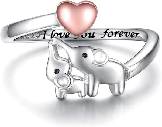 Mom Daughter Elephant Ring 925 Sterling Silver Adjustable Love Heart Finger Rings Pendant for Women Wife Mom Nana Daughter Jewelry Gift Rose gold heart / Size 3-5