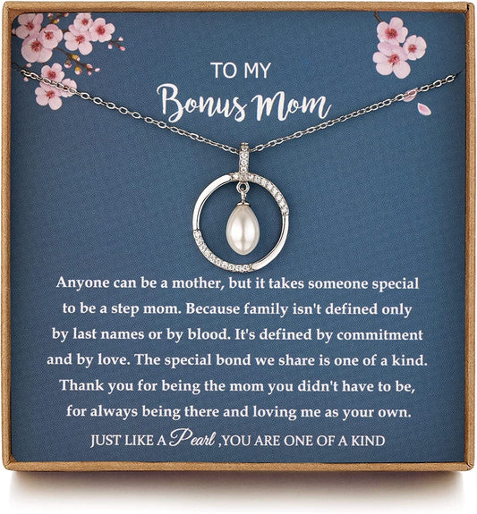 Mom Gifts, Bonus Mom Gifts from Daughter/Bride, Mothersday Gifts for Mother in Law/Step Mother Wedding Gift, Sterling Silver Single Pearl Necklace for Women
