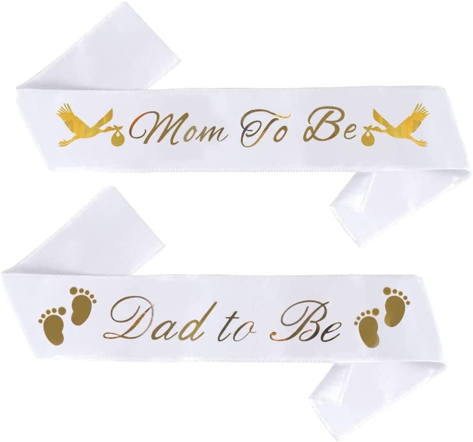 "Mom to Be" & "Dad to Be" Baby Shower Sash Bundle - with Cute Stork Image (White & Gold Lettering) Girl Boy Baby Shower Party Decorations, Gifts, Favors, Mommy Supplies Gender Reveal (White) Apparel & Accessories > Clothing Accessories > Sashes Brosash White  