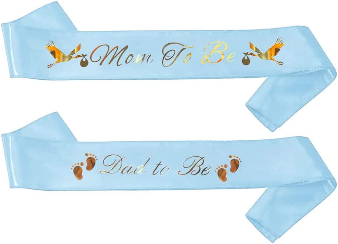 "Mom to Be" & "Dad to Be" Baby Shower Sash Bundle - with Cute Stork Image (White & Gold Lettering) Girl Boy Baby Shower Party Decorations, Gifts, Favors, Mommy Supplies Gender Reveal (White) Apparel & Accessories > Clothing Accessories > Sashes Brosash Blue  