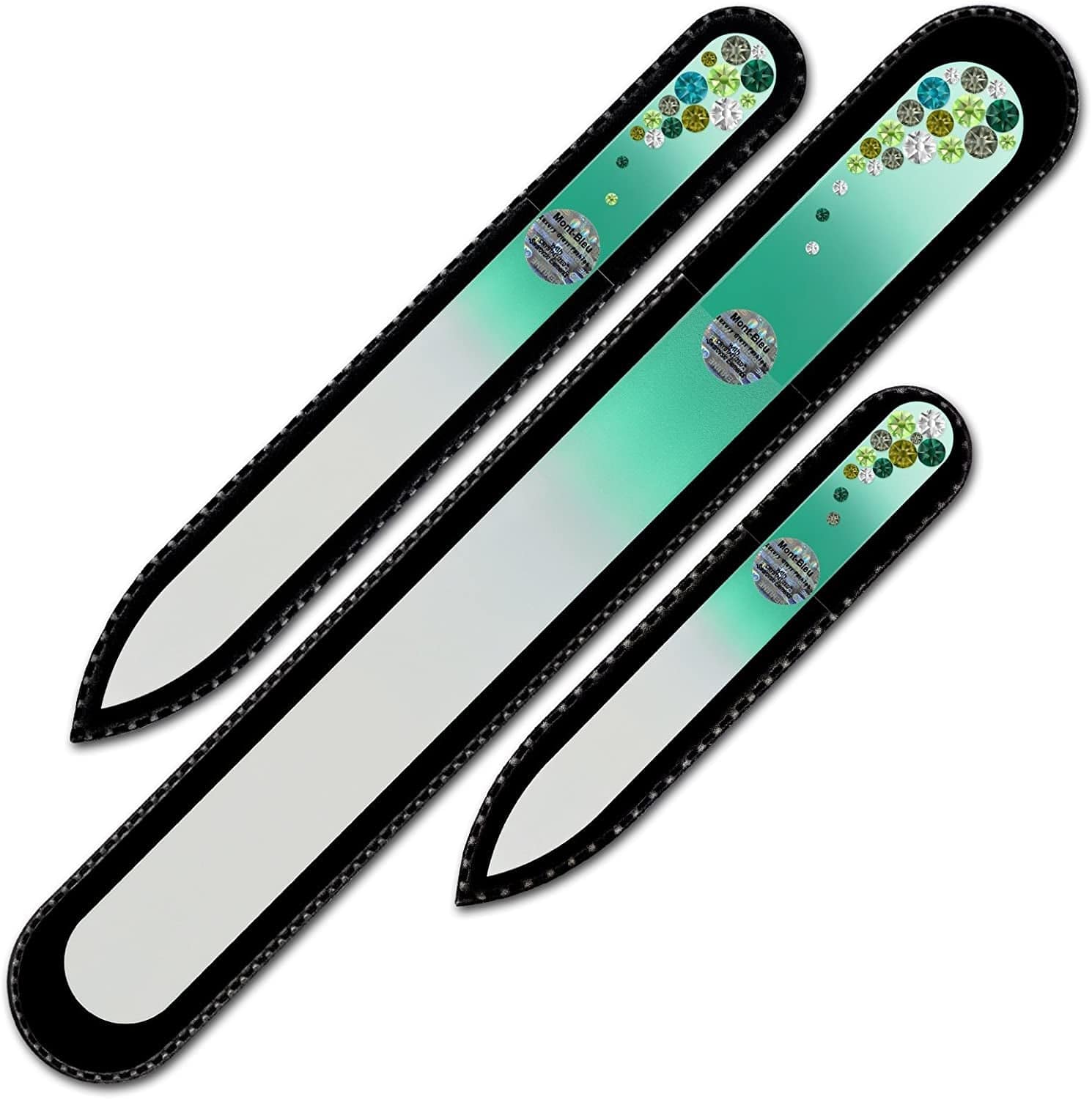 Mont Bleu Set of 3 Glass Nail Files Hand Decorated with Crystals - Handmade Gifts - Czech Tempered Glass - Excellent Nail Filing Tools - the Best Gifts - Crystal Nail File Health & Beauty > Personal Care > Cosmetics > Cosmetic Tools > Nail Tools Mont Bleu Green  