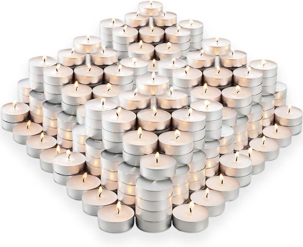 Montopack Unscented Tea Lights Candles in Bulk | 100 White, Smokeless, Dripless & Long Lasting Paraffin Tea Candles | Small Votive Mini Tealight Candles for Home, Pool, Shabbat, Weddings & Emergencies 300 Pack
