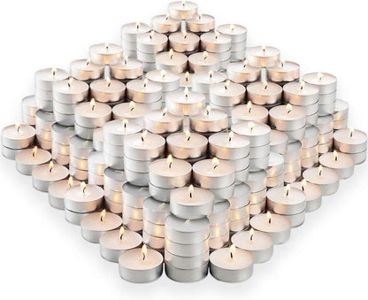 Montopack Unscented Tea Lights Candles in Bulk | 100 White, Smokeless, Dripless & Long Lasting Paraffin Tea Candles | Small Votive Mini Tealight Candles for Home, Pool, Shabbat, Weddings & Emergencies 300 Pack