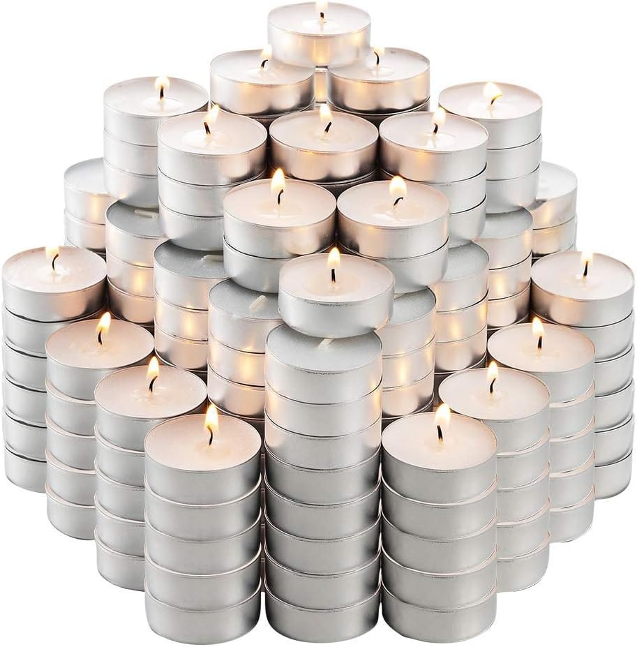 Montopack Unscented Tea Lights Candles in Bulk | 100 White, Smokeless, Dripless & Long Lasting Paraffin Tea Candles | Small Votive Mini Tealight Candles for Home, Pool, Shabbat, Weddings & Emergencies 200 Pack