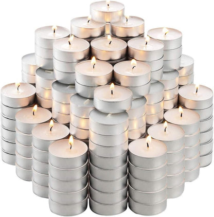 Montopack Unscented Tea Lights Candles in Bulk | 100 White, Smokeless, Dripless & Long Lasting Paraffin Tea Candles | Small Votive Mini Tealight Candles for Home, Pool, Shabbat, Weddings & Emergencies 200 Pack