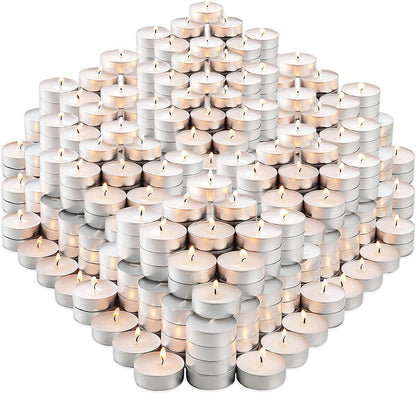 Montopack Unscented Tea Lights Candles in Bulk | 100 White, Smokeless, Dripless & Long Lasting Paraffin Tea Candles | Small Votive Mini Tealight Candles for Home, Pool, Shabbat, Weddings & Emergencies 400 Pack