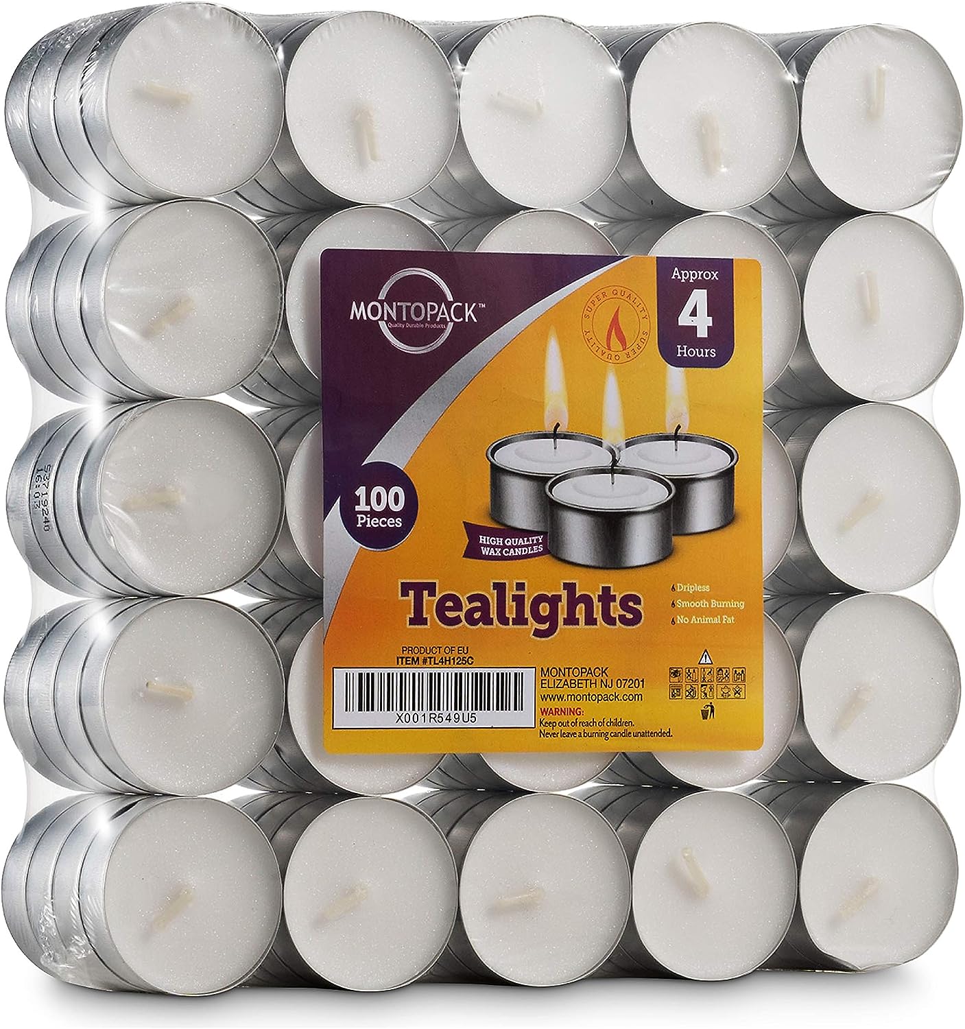 Montopack Unscented Tea Lights Candles in Bulk | 100 White, Smokeless, Dripless & Long Lasting Paraffin Tea Candles | Small Votive Mini Tealight Candles for Home, Pool, Shabbat, Weddings & Emergencies