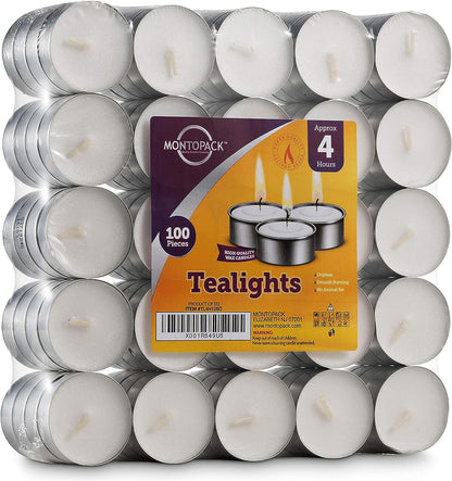Montopack Unscented Tea Lights Candles in Bulk | 100 White, Smokeless, Dripless & Long Lasting Paraffin Tea Candles | Small Votive Mini Tealight Candles for Home, Pool, Shabbat, Weddings & Emergencies