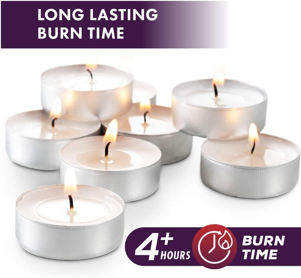 Montopack Unscented Tea Lights Candles in Bulk | 100 White, Smokeless, Dripless & Long Lasting Paraffin Tea Candles | Small Votive Mini Tealight Candles for Home, Pool, Shabbat, Weddings & Emergencies