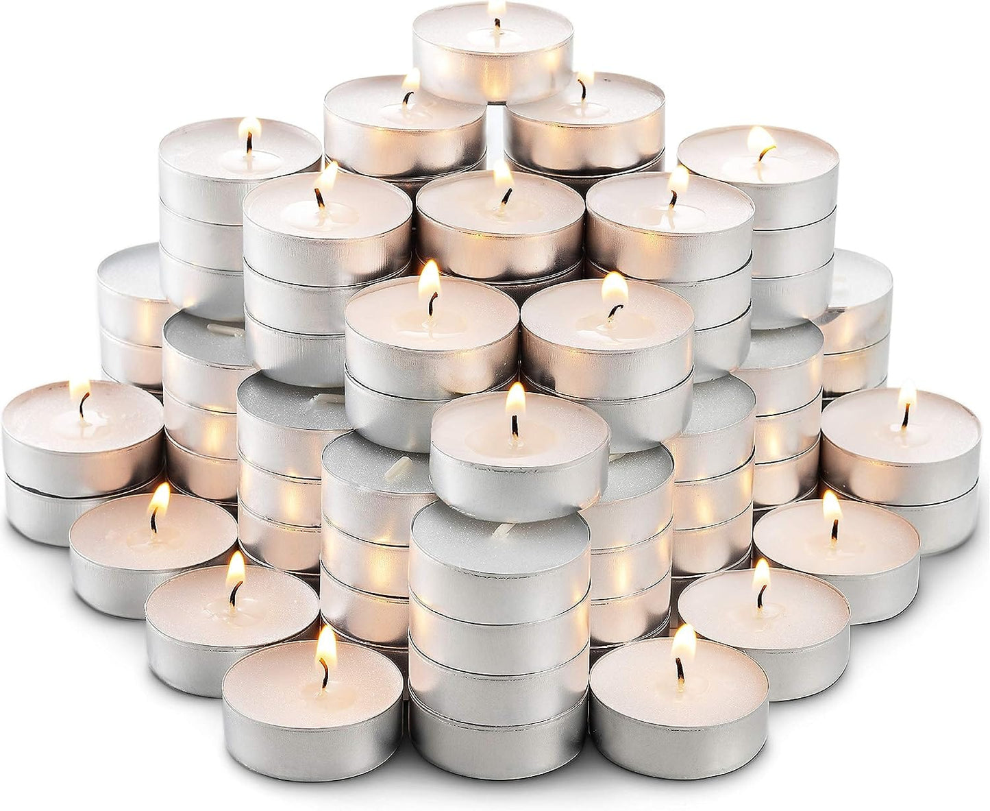 Montopack Unscented Tea Lights Candles in Bulk | 100 White, Smokeless, Dripless & Long Lasting Paraffin Tea Candles | Small Votive Mini Tealight Candles for Home, Pool, Shabbat, Weddings & Emergencies 100 Pack
