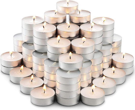Montopack Unscented Tea Lights Candles in Bulk | 100 White, Smokeless, Dripless & Long Lasting Paraffin Tea Candles | Small Votive Mini Tealight Candles for Home, Pool, Shabbat, Weddings & Emergencies 100 Pack