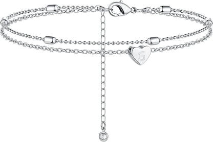 Moodear Silver Ankle Bracelets for Women, Sterling Silver Initial Anklet Layered Dainty Tiny Heart Charm Handmade Carved Alphabet A-Z Letter Ankle Bracelet Beaded Foot Chain Personalized Name Anklets Summer Cute Boho Beach Gift for Her Apparel & Accessories > Jewelry > Anklets Moodear Sterling Silver-G  
