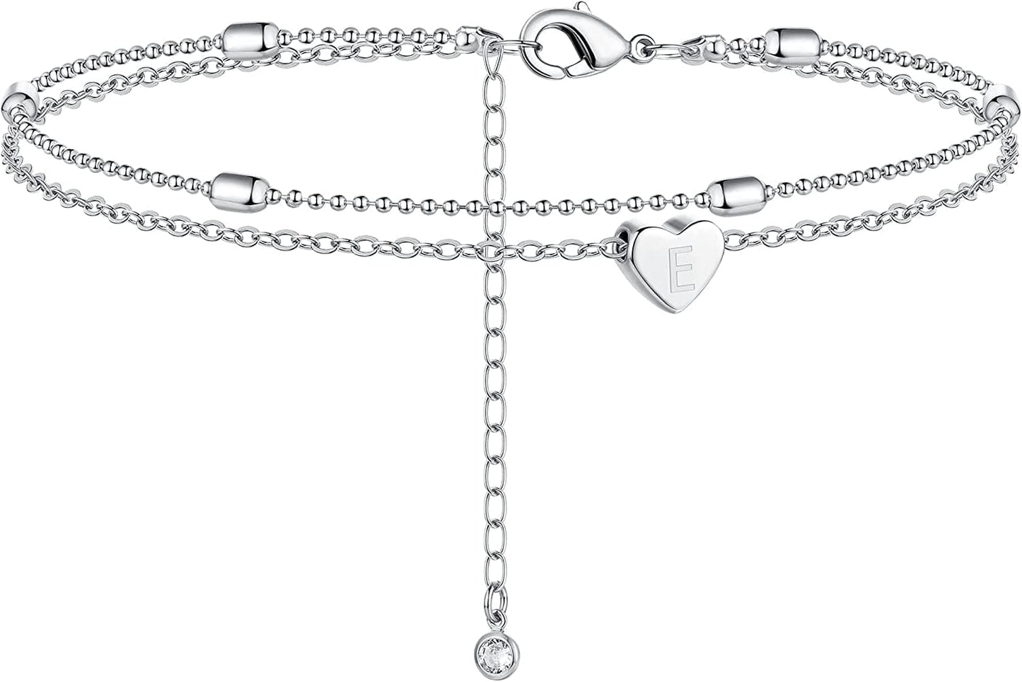Moodear Silver Ankle Bracelets for Women, Sterling Silver Initial Anklet Layered Dainty Tiny Heart Charm Handmade Carved Alphabet A-Z Letter Ankle Bracelet Beaded Foot Chain Personalized Name Anklets Summer Cute Boho Beach Gift for Her Apparel & Accessories > Jewelry > Anklets Moodear Sterling Silver-E  