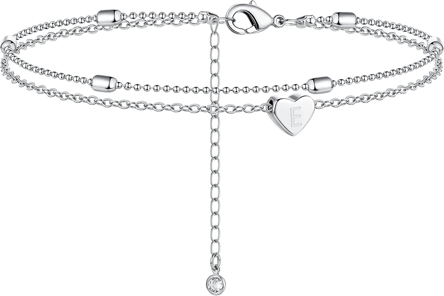 Moodear Silver Ankle Bracelets for Women, Sterling Silver Initial Anklet Layered Dainty Tiny Heart Charm Handmade Carved Alphabet A-Z Letter Ankle Bracelet Beaded Foot Chain Personalized Name Anklets Summer Cute Boho Beach Gift for Her Apparel & Accessories > Jewelry > Anklets Moodear Sterling Silver-E  