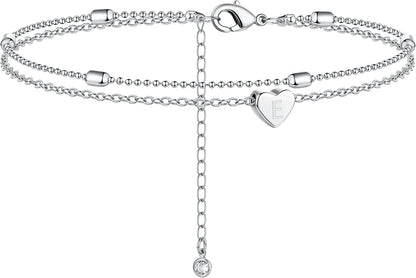Moodear Silver Ankle Bracelets for Women, Sterling Silver Initial Anklet Layered Dainty Tiny Heart Charm Handmade Carved Alphabet A-Z Letter Ankle Bracelet Beaded Foot Chain Personalized Name Anklets Summer Cute Boho Beach Gift for Her Apparel & Accessories > Jewelry > Anklets Moodear Sterling Silver-E  