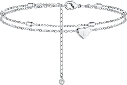 Moodear Silver Ankle Bracelets for Women, Sterling Silver Initial Anklet Layered Dainty Tiny Heart Charm Handmade Carved Alphabet A-Z Letter Ankle Bracelet Beaded Foot Chain Personalized Name Anklets Summer Cute Boho Beach Gift for Her Apparel & Accessories > Jewelry > Anklets Moodear Sterling Silver-L  