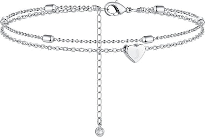 Moodear Silver Ankle Bracelets for Women, Sterling Silver Initial Anklet Layered Dainty Tiny Heart Charm Handmade Carved Alphabet A-Z Letter Ankle Bracelet Beaded Foot Chain Personalized Name Anklets Summer Cute Boho Beach Gift for Her Apparel & Accessories > Jewelry > Anklets Moodear Sterling Silver-J  