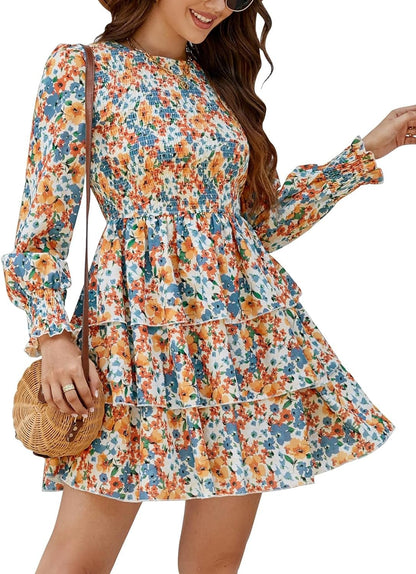 Moreone Women'S Long Sleeve Smocked Crew Neck Dress Floral Print Tiered Ruffle a Line Flowy Mini Dress Floral Orange / Large